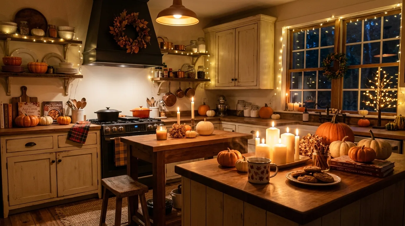 Cozy fall kitchen with warm evening lighting